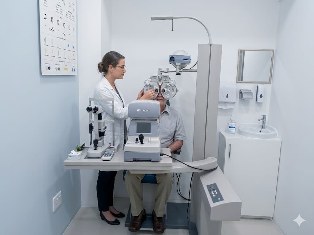 Optometrist conducting an eye exam at Nuova Optics Dubai Marina