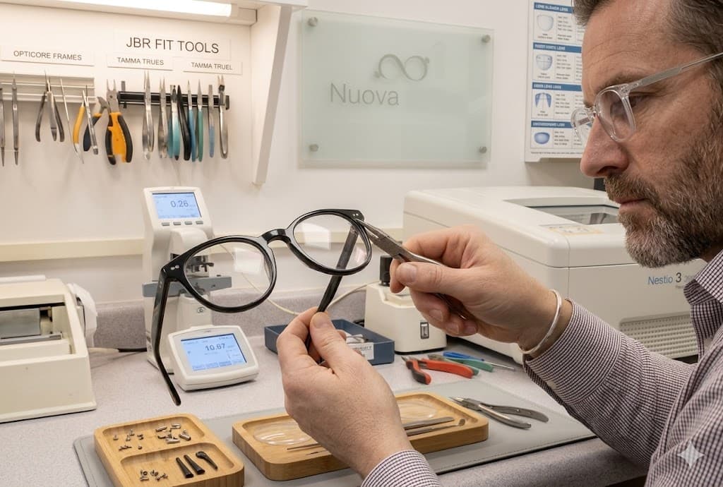 Optical lab technician mounting lenses in-store at Nuova Optics
